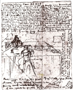 Sketch by Emily Brontë showing herself and Anne at work in the dining room of the parsonage [Public domain], via Wikimedia Commons