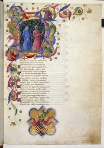 Illuminated manuscript page featuring Dante and Virgil meeting