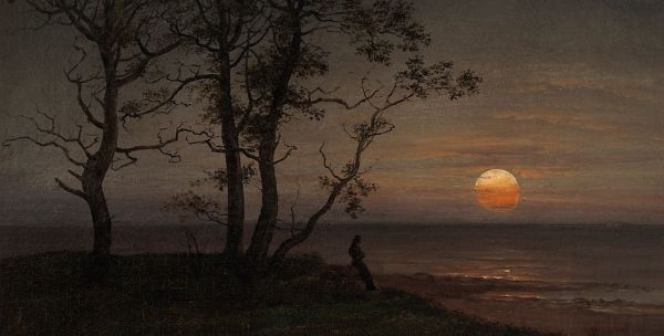 Painting of a man leaning against a tree looking out at a sunset over a sea