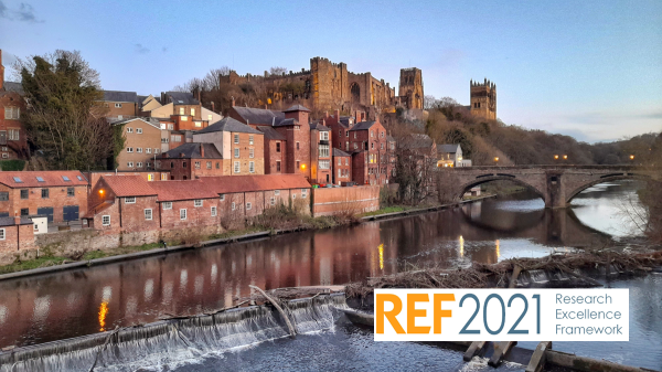 Photograph of a castle rising above a river. Text on the photograph says "REF 2021 Research Excellence Framework"